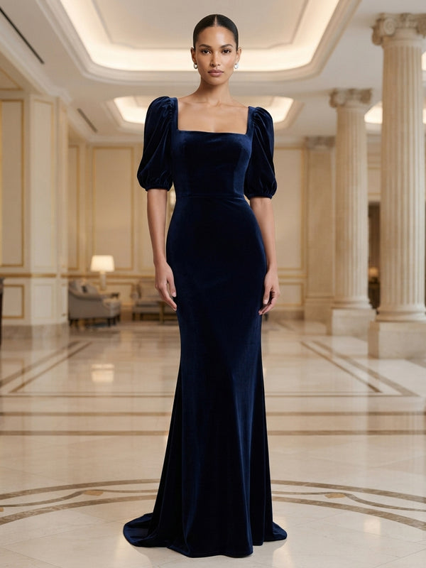 Sheath/Column Square Neck Velvet Maxi Formal Dresses for Women