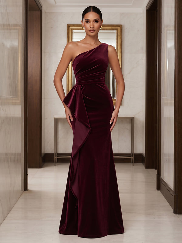 Sheath/Column One Shoulder Velvet Maxi Formal Dresses with Ruched Bodice & Ruffles