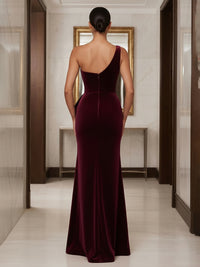 Sheath/Column One Shoulder Velvet Maxi Formal Dresses with Ruched Bodice & Ruffles
