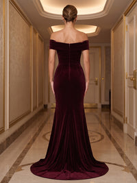 Mermaid/Trumpet Off Shoulder Velvet Maxi Formal Dresses with 3D Flowers & Ruched Waist