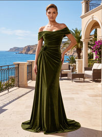 Mermaid/Trumpet Off Shoulder Velvet Maxi Formal Dresses with 3D Flowers & Ruched Waist