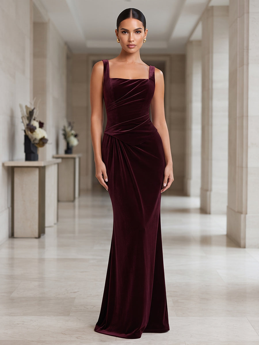 Sheath/Column Square Neck Velvet Maxi Formal Dresses with Ruched Waist