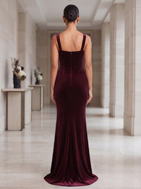 Sheath/Column Square Neck Velvet Maxi Formal Dresses with Ruched Waist