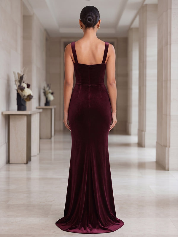 Sheath/Column Square Neck Velvet Maxi Formal Dresses with Ruched Waist