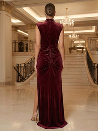 Sheath/Column High Neck Velvet Maxi Formal Dresses with Ruched Waist & Slit