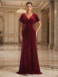 A-Line/Princess V-Neck Velvet Maxi Formal Dresses with Pleats