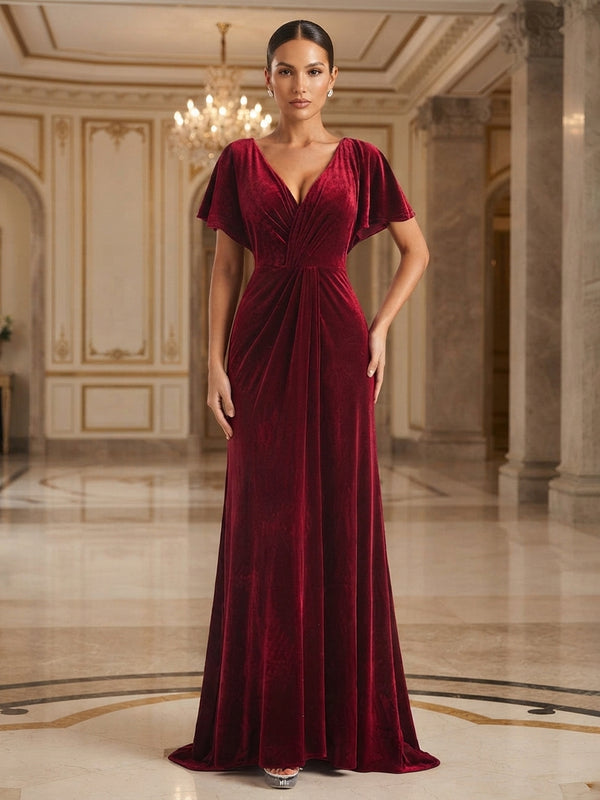A-Line/Princess V-Neck Velvet Maxi Formal Dresses with Pleats