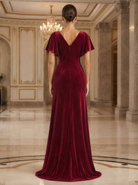 A-Line/Princess V-Neck Velvet Maxi Formal Dresses with Pleats