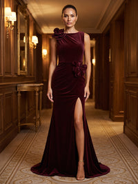 Mermaid/Trumpet Scoop Neck Velvet Maxi Formal Dresses with 3D Flowers, Ruched Waist & Slit