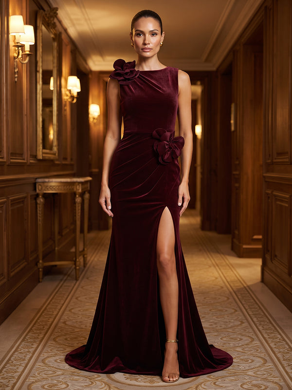 Mermaid/Trumpet Scoop Neck Velvet Maxi Formal Dresses with 3D Flowers, Ruched Waist & Slit