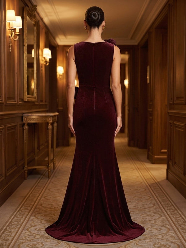 Mermaid/Trumpet Scoop Neck Velvet Maxi Formal Dresses with 3D Flowers, Ruched Waist & Slit