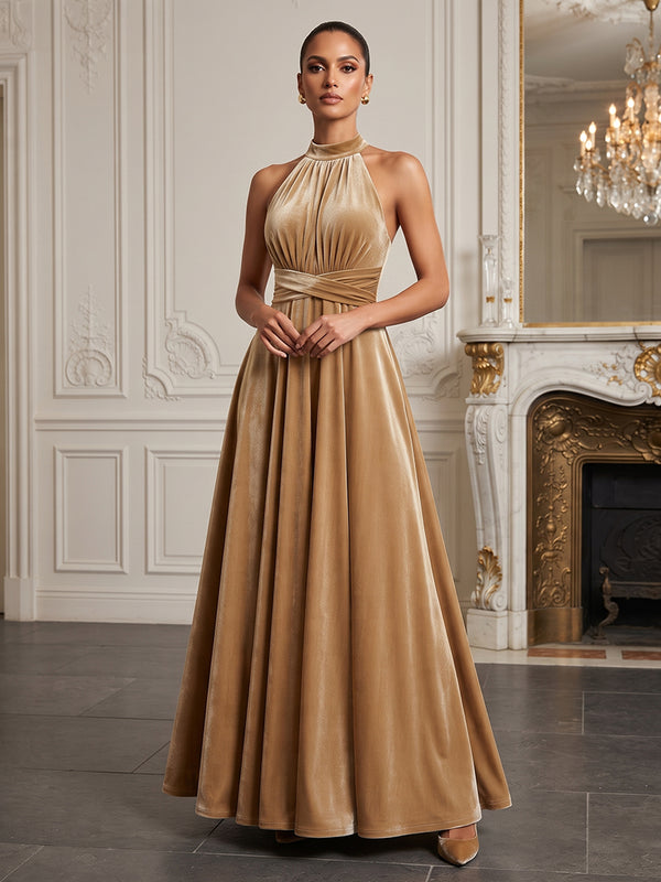 A-Line/Princess Halter Velvet Maxi Formal Dresses with Pleats