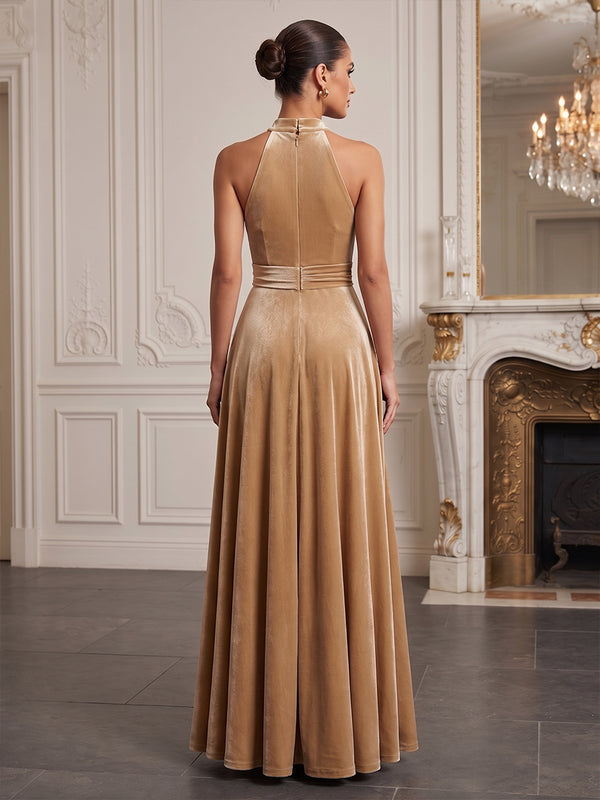 A-Line/Princess Halter Velvet Maxi Formal Dresses with Pleats