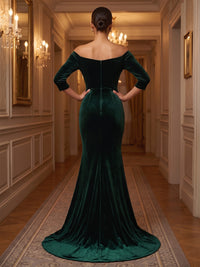 Mermaid/Trumpet Off Shoulder Velvet Maxi Formal Dresses with Ruffles & Ruched Waist