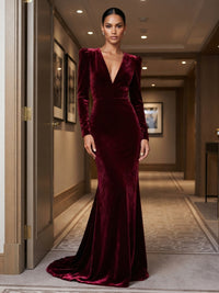 Mermaid/Trumpet V-Neck Velvet Maxi Formal Dresses for Women