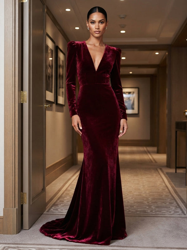 Mermaid/Trumpet V-Neck Velvet Maxi Formal Dresses for Women