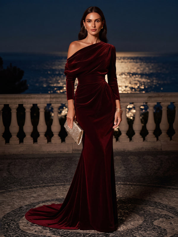 Mermaid/Trumpet Off Shoulder Velvet Maxi Formal Dresses with Ruched Waist