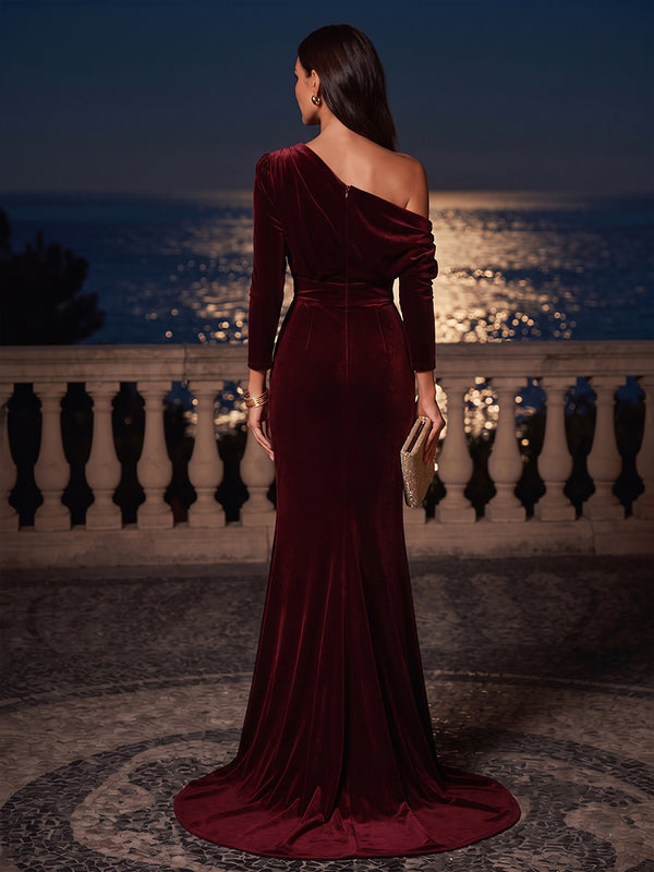 Mermaid/Trumpet Off Shoulder Velvet Maxi Formal Dresses with Ruched Waist