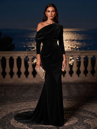 Mermaid/Trumpet Off Shoulder Velvet Maxi Formal Dresses with Ruched Waist