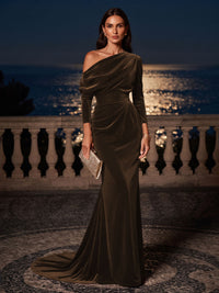 Mermaid/Trumpet Off Shoulder Velvet Maxi Formal Dresses with Ruched Waist
