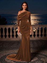 Mermaid/Trumpet Off Shoulder Velvet Maxi Formal Dresses with Ruched Waist