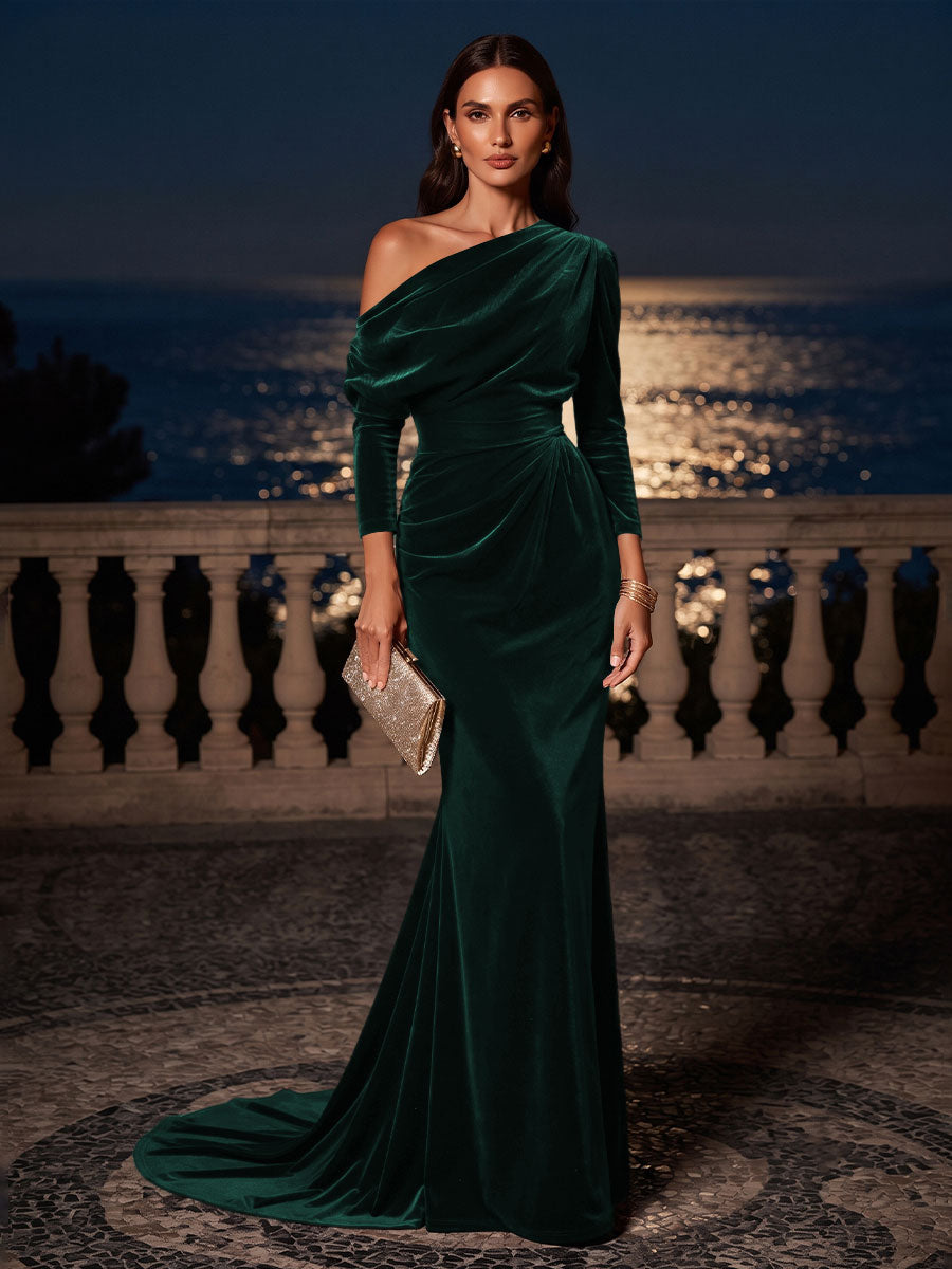 Mermaid/Trumpet Off Shoulder Velvet Maxi Formal Dresses with Ruched Waist