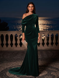 Mermaid/Trumpet Off Shoulder Velvet Maxi Formal Dresses with Ruched Waist