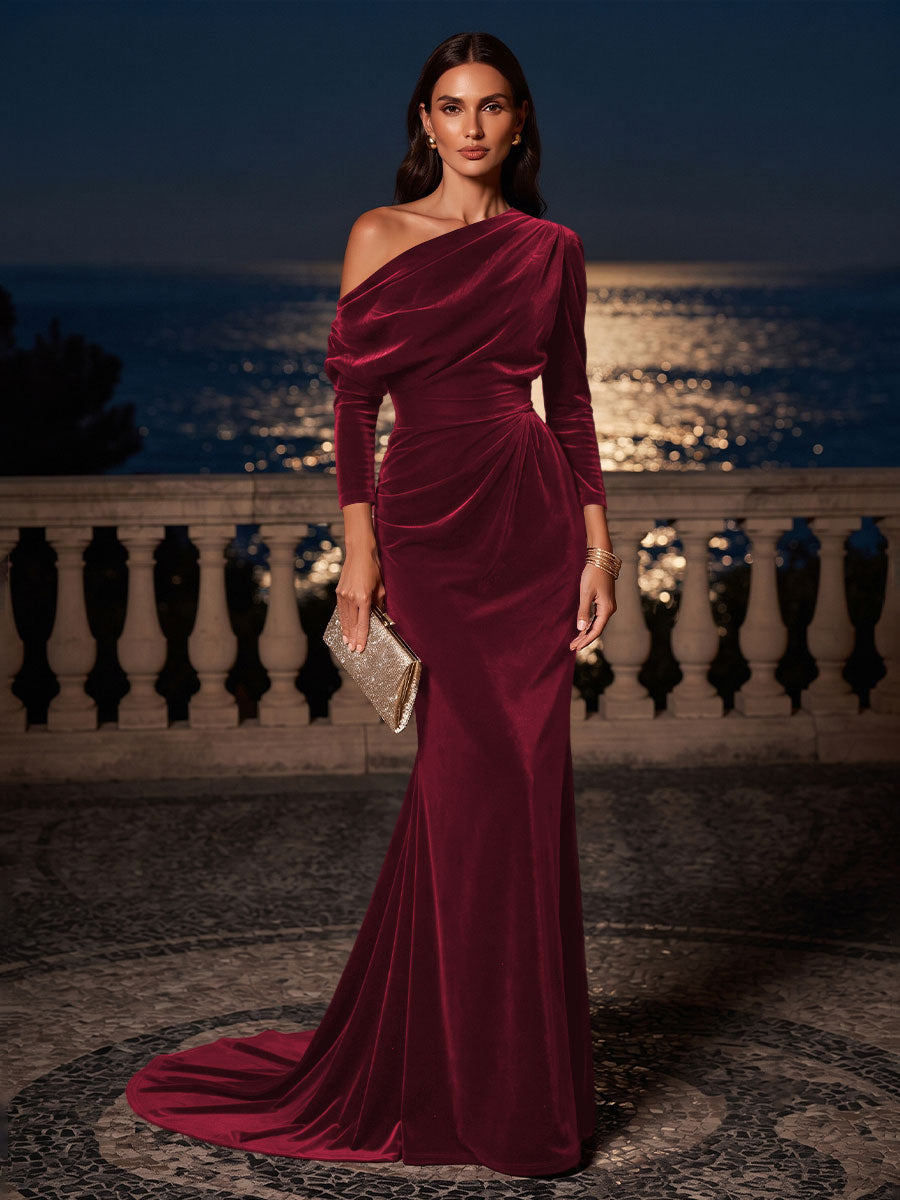 Mermaid/Trumpet Off Shoulder Velvet Maxi Formal Dresses with Ruched Waist