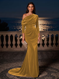 Mermaid/Trumpet Off Shoulder Velvet Maxi Formal Dresses with Ruched Waist