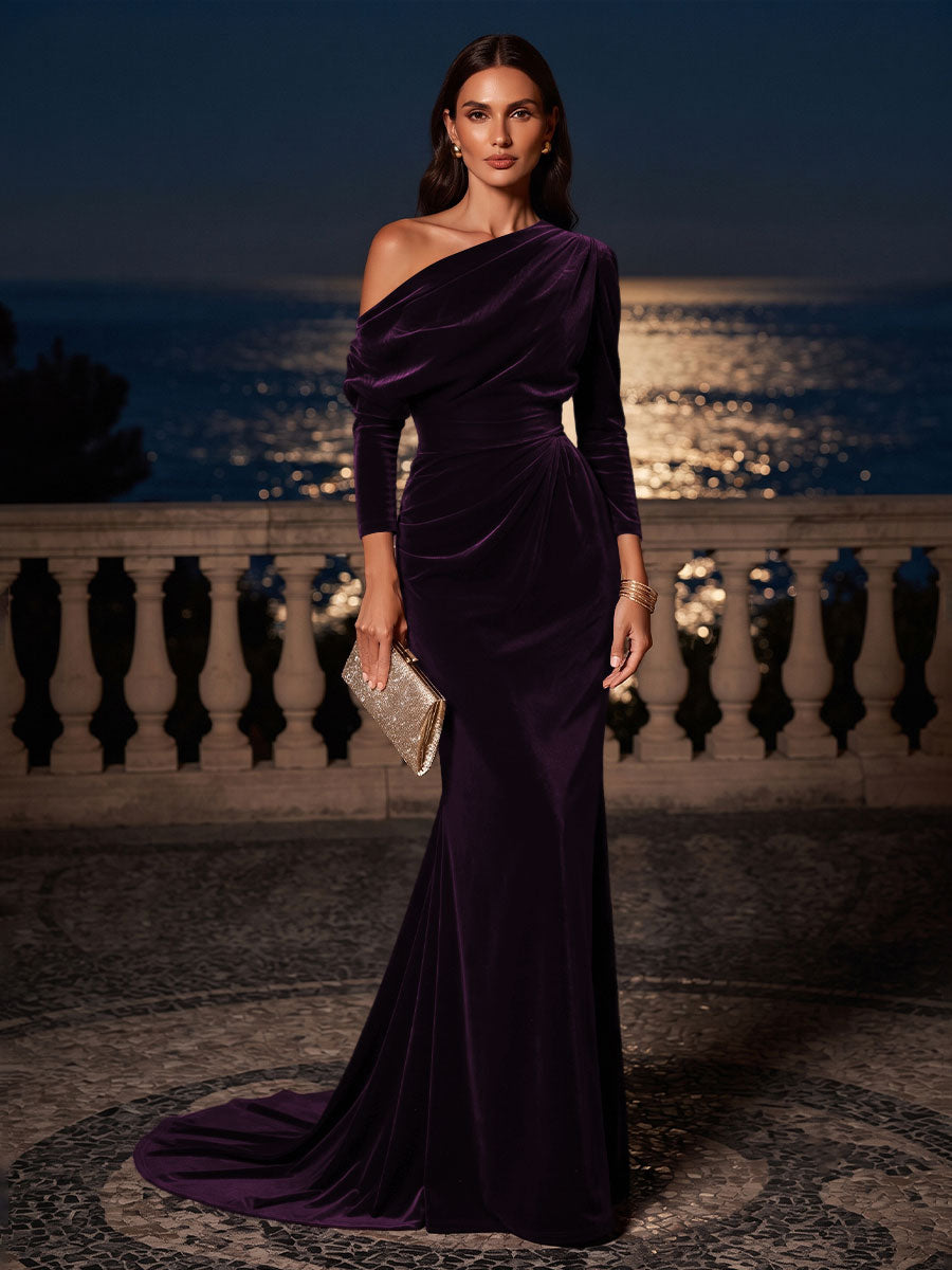 Mermaid/Trumpet Off Shoulder Velvet Maxi Formal Dresses with Ruched Waist