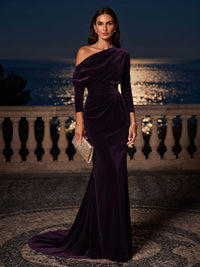 Mermaid/Trumpet Off Shoulder Velvet Maxi Formal Dresses with Ruched Waist