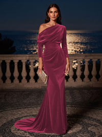 Mermaid/Trumpet Off Shoulder Velvet Maxi Formal Dresses with Ruched Waist