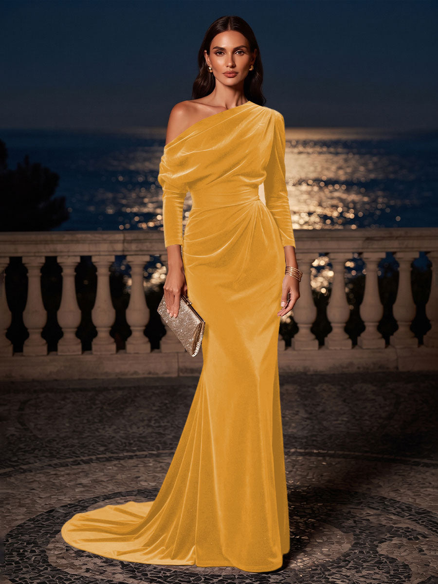 Mermaid/Trumpet Off Shoulder Velvet Maxi Formal Dresses with Ruched Waist