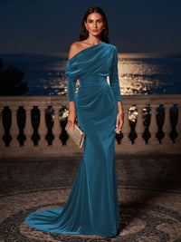 Mermaid/Trumpet Off Shoulder Velvet Maxi Formal Dresses with Ruched Waist