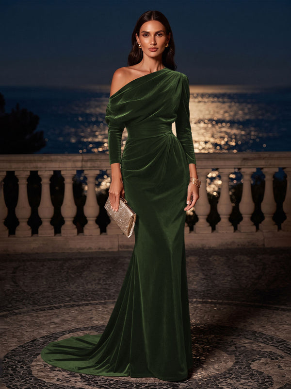 Mermaid/Trumpet Off Shoulder Velvet Maxi Formal Dresses with Ruched Waist