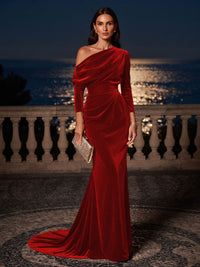 Mermaid/Trumpet Off Shoulder Velvet Maxi Formal Dresses with Ruched Waist
