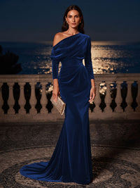 Mermaid/Trumpet Off Shoulder Velvet Maxi Formal Dresses with Ruched Waist