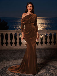 Mermaid/Trumpet Off Shoulder Velvet Maxi Formal Dresses with Ruched Waist