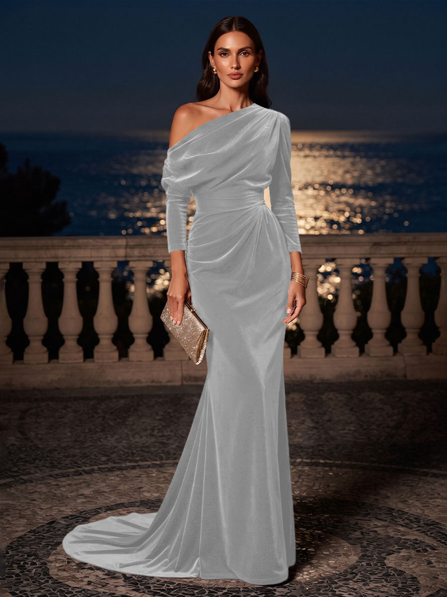 Mermaid/Trumpet Off Shoulder Velvet Maxi Formal Dresses with Ruched Waist