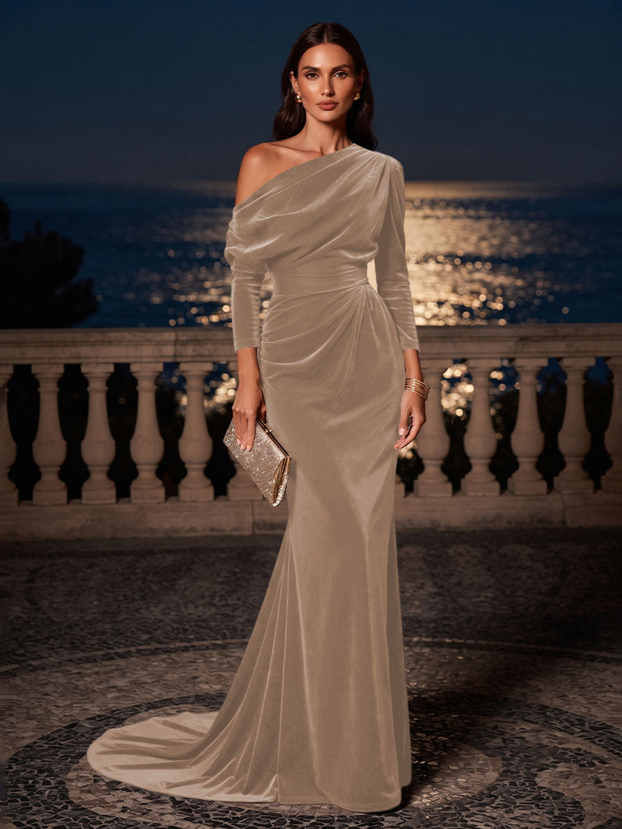 Mermaid/Trumpet Off Shoulder Velvet Maxi Formal Dresses with Ruched Waist