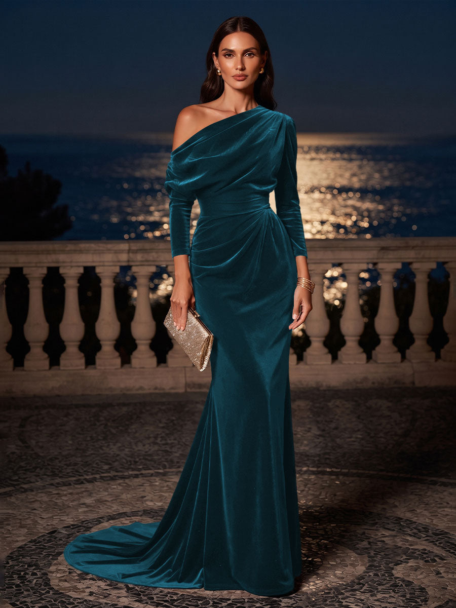 Mermaid/Trumpet Off Shoulder Velvet Maxi Formal Dresses with Ruched Waist