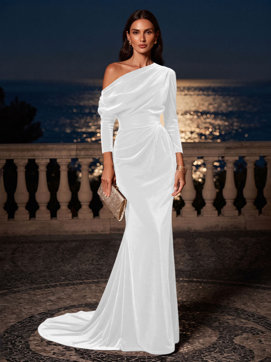 Mermaid/Trumpet Off Shoulder Velvet Maxi Formal Dresses with Ruched Waist