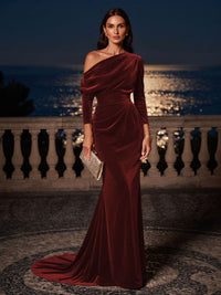 Mermaid/Trumpet Off Shoulder Velvet Maxi Formal Dresses with Ruched Waist