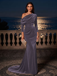 Mermaid/Trumpet Off Shoulder Velvet Maxi Formal Dresses with Ruched Waist