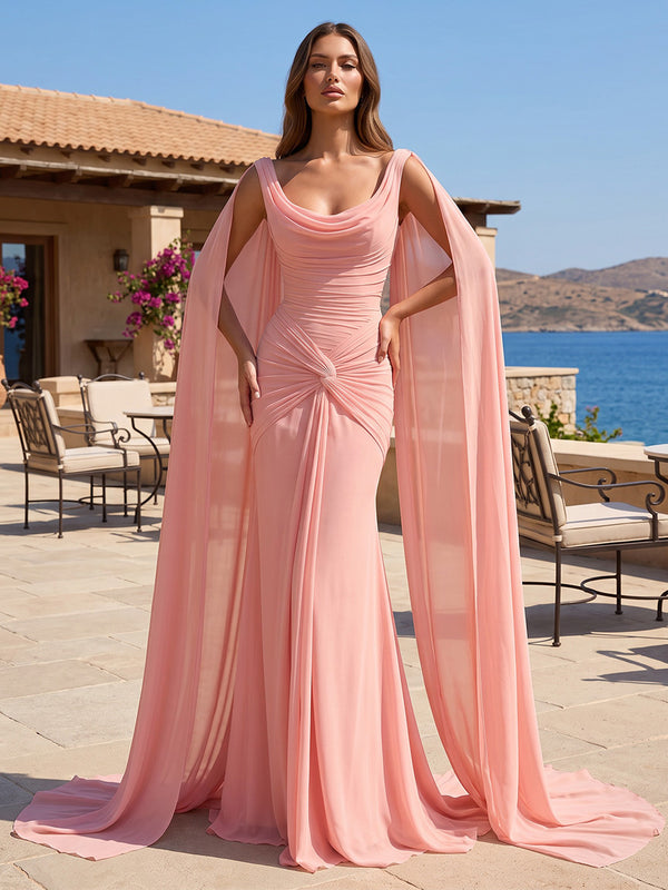 Mermaid/Trumpet Scoop Neck Chiffon Maxi Formal Dresses with Ruched Waist, Sweep Train & Sash