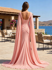 Mermaid/Trumpet Scoop Neck Chiffon Maxi Formal Dresses with Ruched Waist, Sweep Train & Sash
