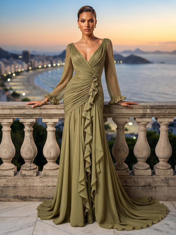 Mermaid/Trumpet V-Neck Chiffon Maxi Formal Dresses with Ruffles & Pleats