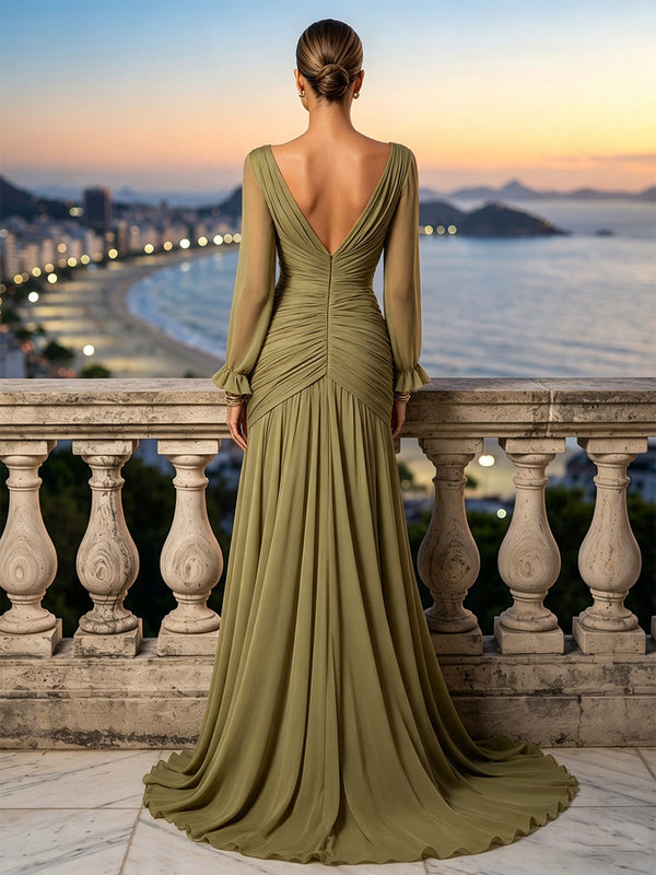Mermaid/Trumpet V-Neck Chiffon Maxi Formal Dresses with Ruffles & Pleats
