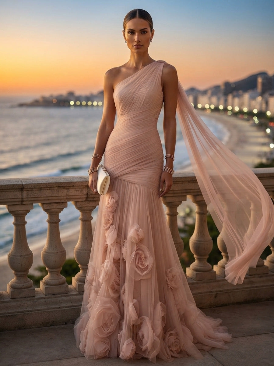 Mermaid/Trumpet One Shoulder Tulle Maxi Formal Dresses with 3D Flowers, Ruched Waist, Pleats & Sash