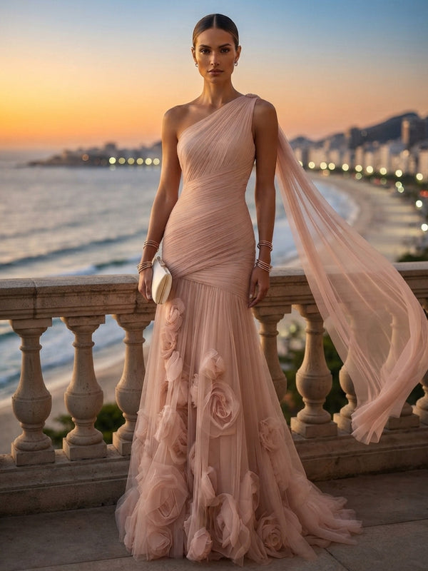 Mermaid/Trumpet One Shoulder Tulle Maxi Formal Dresses with 3D Flowers, Ruched Waist, Pleats & Sash